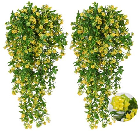 RECUTMS 2Pcs Hanging Plants Fake Vines Plant Outdoor Faux Greenery Artificial Flower for Outdoors Basket Plastic Home Garden Wedding Party Decor (Yellow)