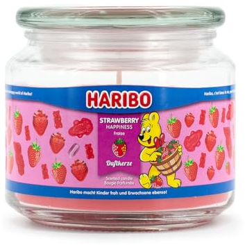 Haribo Duftkerze im Glas mit Deckel | Strawberry Happiness (300g) | Duftkerze Fruchtig | Kerze lange Brenndauer bis 60h | Kerzen Rot | Geschenkidee für Frauen, Geburtstag