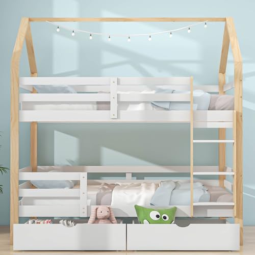 Lexiou 90 x 200 cm Ins und aus dem Bett kommen, Doppelbett, Kinderbett in Hausform, große Schubladen, Kiefernholz Haus Bett for Kids