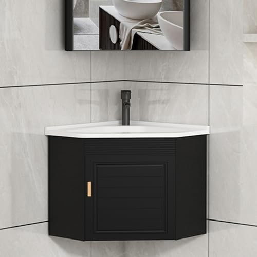 VSTQNXR Mueble Baño Suspendido Muebles De Baño con Lavabo Combo Lavabo-Lavabo De Esquina para Espacios Pequeños, Diseño De Conjunto De Armario Montado En La Pared(Color:Black Gold)
