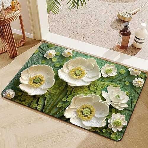 Generisch Kieselgur Badematten 50x80 cm Ölgemälde-Stil 3D Farbe Blumen Muster rutschfeste Absorbierende Schnell Trocknend Badteppich Bad Duschmatte Badvorleger Duschvorleger Badezimmer Bodenmatte