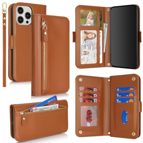 SailorTech for iPhone 12 Pro Max Phone Case Wallet with Card Holder for Women, iPhone 12 Pro Max Wallet Case with Credit Card Slots Flip Case Zipper Shockproof Case for Men - Brown