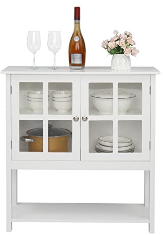 LICONG-2020 Tableware Cabinet Transparent Double Sideboard Doors Double Internal Compartments w/Bottom Storage Shelf MDF NC Spray Paint Sideboard White cabinet