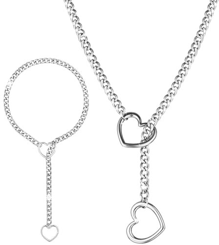 Mikqky Herz Lariat Halskette, Herz Einstellbare Y-Halskette, Shackles Necklace, Choker Anhänger Halskette, Punk Gothic Kubanischer Halskette, Halskette Für Frauen Männer Verstellbar (60 Cm/23,6 Zoll)