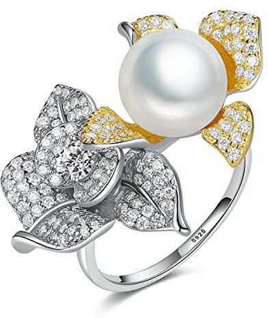 RobertDTesta Einfacher S925-Sterlingsilber-Intarsien-CZ-Zirkon-Perlenring, Einzigartiges Geschenk Für Frauen Mode-Blumen-Form-Süßwasser-Perlenring,Silber,8