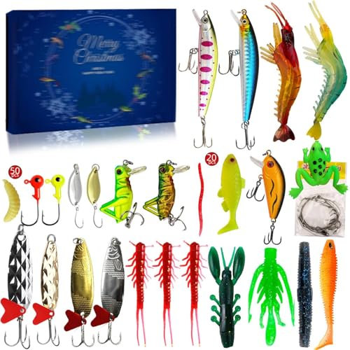 Angelköder Adventskalender 2024, 24 Tage Angelgerät Weihnachtskalender Köder Set, Angel Adventskalender Weihnachten Countdown Kalender, Für Erwachsene, Männer