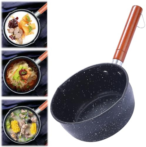 Cymwer Non-Stick Sauce Pan Soup Pot with Pour Spout Milk Saucepan Wooden Handle Stick Proof Sauce Pan 14cm for Noodles Soups Hot Milk