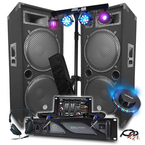 Pack Sono DJ Ampli 4000W, Mega Enceintes 4x38cm de 2x2000W, Table de Mixage Bluetooth, ECLAIRAGE 8 Lumières LED, Club Bar Fetes