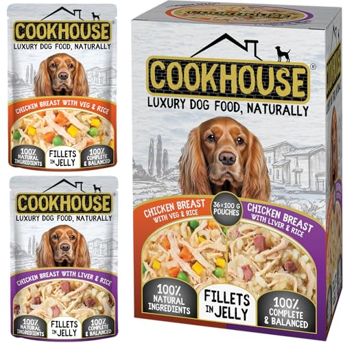 COOKHOUSE 100% Natural & Complete Luxury Wet Dog Food - 36 x 100g Pouches - Chicken Breast with Vegetables & Rice/Chicken Breast with Liver & Rice - Fillets in Jelly