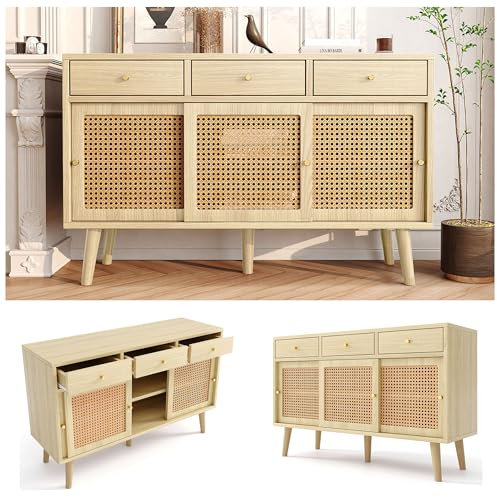 Buffet avec 3 tiroirs et 3 portes coulissantes, tressage en rotin sur le devant de la porte, pieds en bois massif, poignée en métal doré, étagères réglables, chêne, 120 x 40 x 78 cm