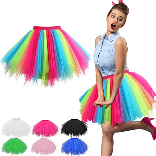 Women's Tulle Tutu Skirts for Teen Adult, 80S 90S Elastic Classic 16 Layered Ballet Skirt Fancy Dress for Ballet Prom Party Costume Masquerade Halloween Party (Multicolor)