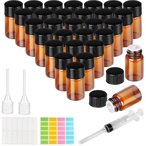 Ysimple 30 Pcs Amber Glass Bottles, 5ml Small Glass Bottles, Empty Refillable Dropper Bottle Essential Oil Bottle, Sample Container Supplied with Pipette Syringe Sticker, for Essential Oil, Massage