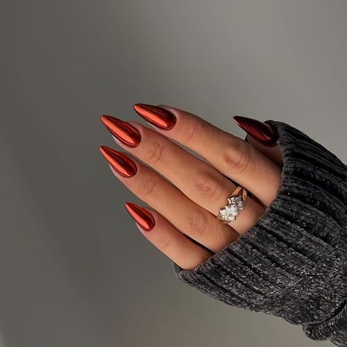 KQueenest Chrome Red Press on Nails Almond Medium Glitter Metallic False Nails Medium, Luxury Design Acrylic Fake Nails Set with Bling Mirror Effect Stick on Nail for Women Finger Decoration 24 Pcs