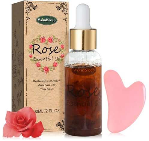 Rosenöl Ätherisches Öl 60ml + Gua Sha Stein, Rose Essential Oil, Rosen Körperöl, Rosen Öl Gesicht, Private Hautpflege, Vitamin E, Rizinusöl, Rosenblütenöl, Süßmandelöl, Süßorangenblütenöl