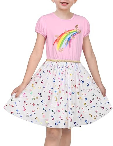 Sunny Fashion Robe Fille Rose Arc-en-Ciel Papillon Briller Tulle Bouffée Manche Courte 7 Ans