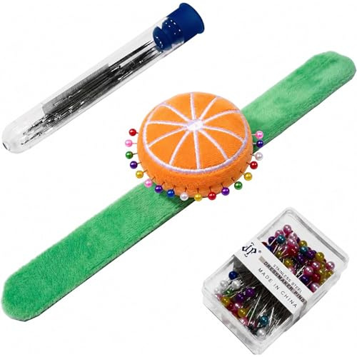 Orange Wrist Pin Cushion for Sewing, Snap Bracelet Wrist Bands Pincushion Organizer for Pins and Needles Include 80 Pearl Ballhead Pins and 18 Sewing Needles