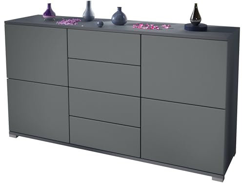 Vladon Sideboard Rova V1, Kommode mit 4 Türen und 4 Schubladen, Anthrazit matt/Graphit Seidenmatt (138,5 x 75,5 x 35)