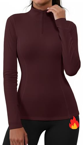 Gyabnw Womens Gym Tops Thermal Long Sleeve Top Running Workout Yoga Sports Hiking Shirt Half Zip Activewear Clothes Heather Burgundy