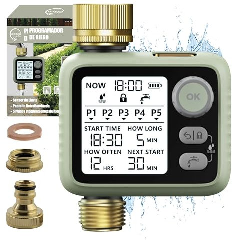 GREEN GOF Programador de Riego Premium - Conectores de Latón - Sensor de Lluvia - Pantalla Retroiluminada - Temporizador de Bajo Consumo a Pilas - 5 Programas Independientes - Fácil e Intuitivo.