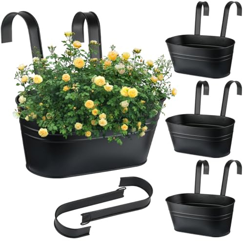 TMBMLPP Hanging Flower Pots, 4pcs Metal Hanging Plant Pots, 27.5cm Fence Hangings Planters, Fence Planters Outdoor with Hooks and Drainage Holes, Balcony Planters for Railing, Garden Home Decor -Black