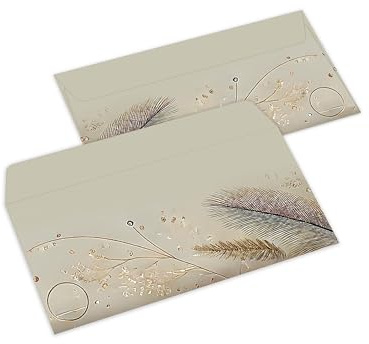 25 Briefumschläge DIN Lang – Edles Kuvert-Set für Briefe, Geldgeschenke, Gutscheine & Post – Motiv graue Federn mit goldener Eleganz