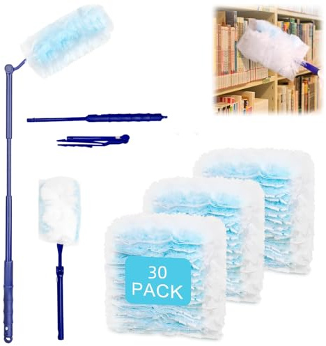 FORYNXHWIN 31 Pcs Dust Magnet, Fluffy Disposable Flash Dust Magnet Kit with Extended Handle for Household Cleaning and Blinds, Car Dashboard, Keyboard Dust Removal (1 Long Handle, 30 Duster Refills)