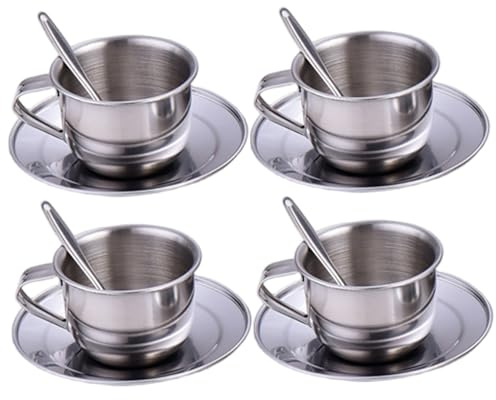 Kids Tea Set Heat-Resistant Stainless Steel Childrens Tea Set with 4 70ml Cup, 4 Saucer and Spoon for Girls and Boys