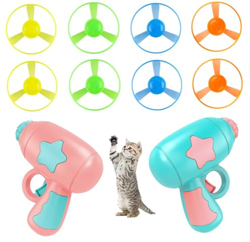 CAKEEYUM Flying Disc Launcher for Cat 10Pcs/Set Cute Colorful Interactive Cats Chasing Saucer Shooter Toy for Indoor Outdoor Training Flying Disc Toy Launcher Shoo