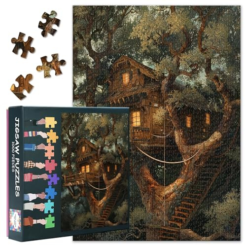 Vintage Puzzle 1000 Teile Erwachsene, Schwierig und Herausfordernd, Fantasie Baumhaus, 70 x 50 cm, Familienpuzzle, Geschenk für Spieleabende und Wohnaccessoire (Wald Serie)