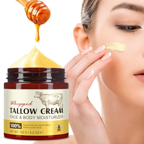 Beef Tallow Creme, Bio-Gesichtscreme mit Talg, 100% Grasgefüttertes Rindertalg, Natürlicher Honig & Bienenwachs Feuchtigkeitscreme, intensive Feuchtigkeitspflege für Gesicht und Körper