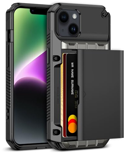 Vunake for iPhone 14 Case with Card Holder(4 Cards) Heavy Duty Shockproof Military Grade Drop Protection Hidden Card Slot Wallet Phone Case for iPhone 14 Phone Case for Men Women-Gun