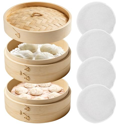 Vaporera de bambú de 21 cm: 2 niveles de bambú trenzado, versátil cesta de vapor asiática, con 4 paños de algodón para arroz, verduras, dim sum, dumpling