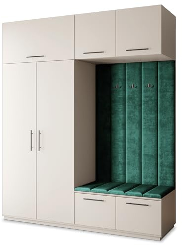 Masseno Flugarderoben Set Rema, Kleiderschrank-Set mit Sitzbank, Garderobenschrank Flur mit 5 Regalböden, Kaschmir
