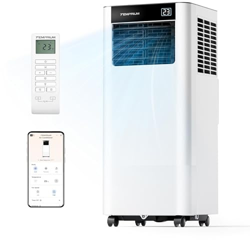 Temprium Mobile Klimaanlage 9000BTU 2,6Kw mit Abluftschlauch | 3-in-1 Mobiles Klimagerät | Fensterabdichtung | APP-Steuerung + Fernbedienung | Leiser Betrieb | 24h-Timer | Für Räume bis 25m²