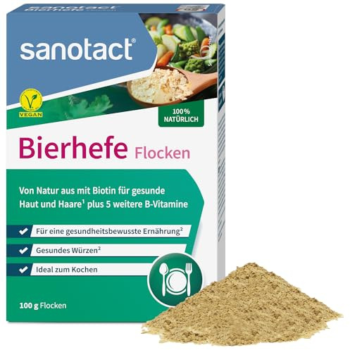 sanotact Bierhefe Flocken (100g) • 100% natürliche Bierhefeflocken • Hefeflocken mit Biotin & 5 B-Vitaminen für Haut, Haare, Nägel • Ideal zum Kochen als veganer Parmesan & zum Würzen