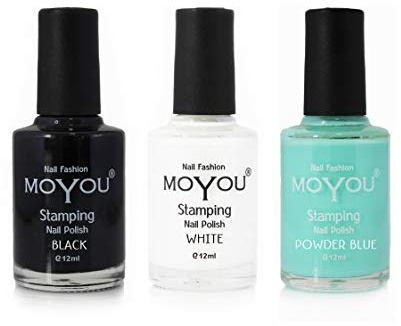 MoYou Nails Bundle of 3 Stamping Nail Polish: Black, White and Powder Blue Colours Used to Create Beautiful Nail Art Designs
