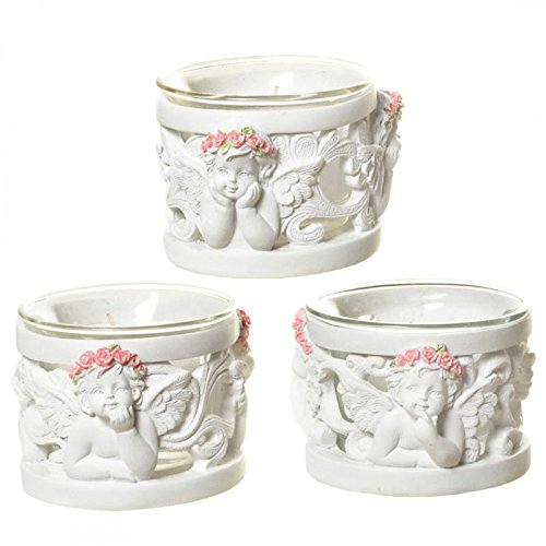 Engel Kerzenhalter 3er-Set mit Blumenkranz in Rosa, White aus Stein für lockere Zusammenkünfte