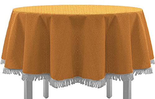 EXKLUSIV HEIMTEXTIL Gartentischdecke mit Fransen Tischdecke Classic Outdoor PVC Weichschaum rutschhemmend für Garten, Balkon, Terrasse 160 cm rund orange