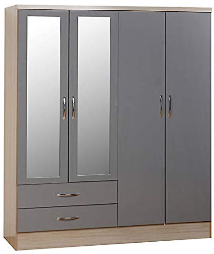 Xpress Delivery Nevada 4 Door 2 Drawer Wardrobe in Grey Gloss and Light Oak Effect Veneer