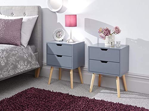 GFW Pair Of Nyborg Scandinavian Style 2 Drawer Bedside Cabinet With Pine Wooden Legs, Dark Grey. 30D x 40W x 56H cm.