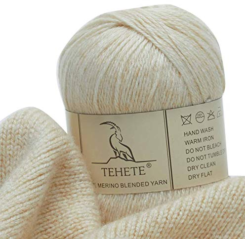 TEHETE Merinowolle Garn zum Stricken und häkeln, Handstrickgarn Schurwolle, 250 Metern 3 Fäden 50g per Knäuel,weich und leicht,Beige