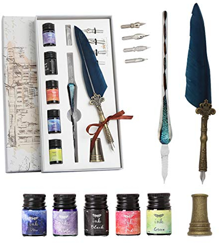 SIPLIV - Juego de bolígrafos de vidrio para caligrafía con bolígrafo, bolígrafo de vidrio, tinta de 5 colores, 4 puntas de repuesto, soporte para bolígrafos, portalápices de metal, azul oscuro