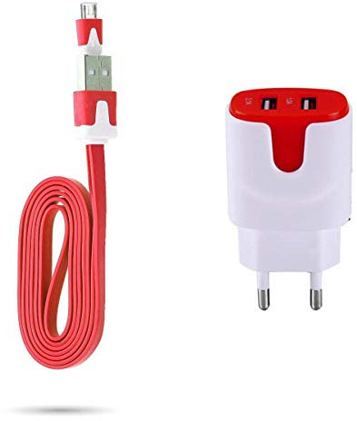 Pack Chargeur pour WIKO Y81 Smartphone Micro USB (Cable Noodle 1m Chargeur + Double Prise Secteur Couleur USB) (Rouge)