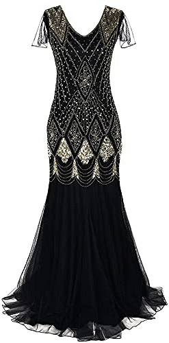 Feynman Damen 1920er Jahre Abendkleid V-Ausschnitt Pailletten Perlen Fransen Kleid, Retro Lange Glitzer Party Kleider Sexy Langarm Maxikleid Elegant Cocktailkleider Party Hochzeit