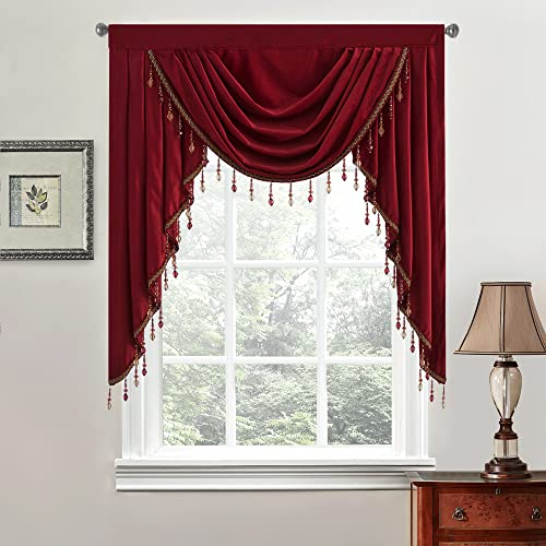 StangH Theater Red Velvet Curtain Volants with Luxury Beads for Bedroom, Rod Pocket Thick Window Waterfall Valances for Christmas/Kitchen/Bathroom, W39 inches, 1 Panel