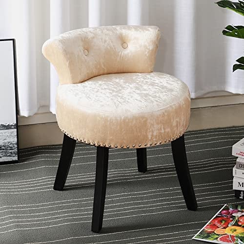 Warmiehomy Velvet Dressing Table Stool, Dressing Table Chair for Bedrooms, Vanity Stool with Metal Button & Wood Legs, Sponge Chair for Dressing Table (Champagne)