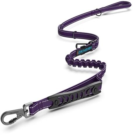 Iokheira Hundeleine,Verstellbare 1/1.5m Leine für Hunde mit stabilem Karabinerhaken,Bequemen Gepolsterte Griff und Reflektierende Fäden,Bungee Führleine mit Verkehrssteuergriff (Tiefes Lila)