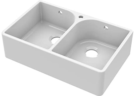 NUIE BU131AF32D Fireclay Kitchen Double Bowl Butler Sink Full Weir with Overflow & Tap Hole, 795mm x 500mm, White