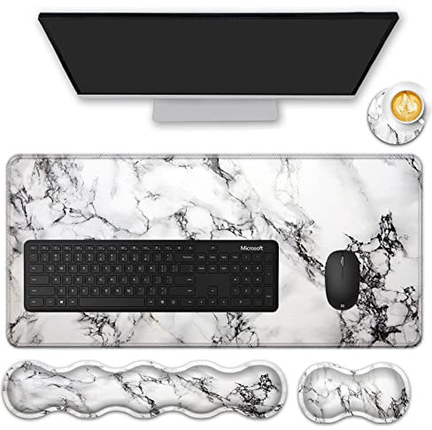 FGDRFGRW Mauspad-Set, (80 x 29 cm) Schreibtischunterlage + Tastatur-Handgelenkauflage + Maus-Handgelenkauflage + Untersetzer für Büro, Zuhause, Computer, Laptop – 4 Marmor