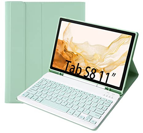 Tastiera Tablet Per Samsung Tab S8 11 2022/ Tab S7 11 2020 Custodia, Rimovibile Magnetica Pelle Cover con Tastiera Bluetooth Wireless Keyboard Per Galaxy Tab S8/S7 (SM-T870/X700) (Verde)
